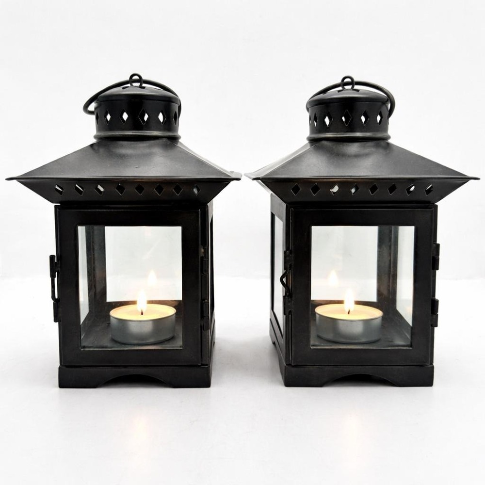 Pottery Barn Lantern Set Garden Tealight Metal Glass Aires Blackened Square